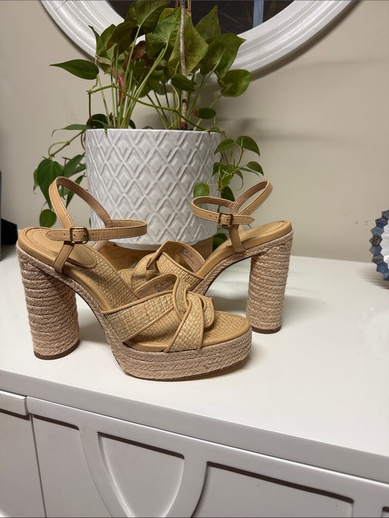 Coach Neutral Tan Braided Platform Block Heel Sandals